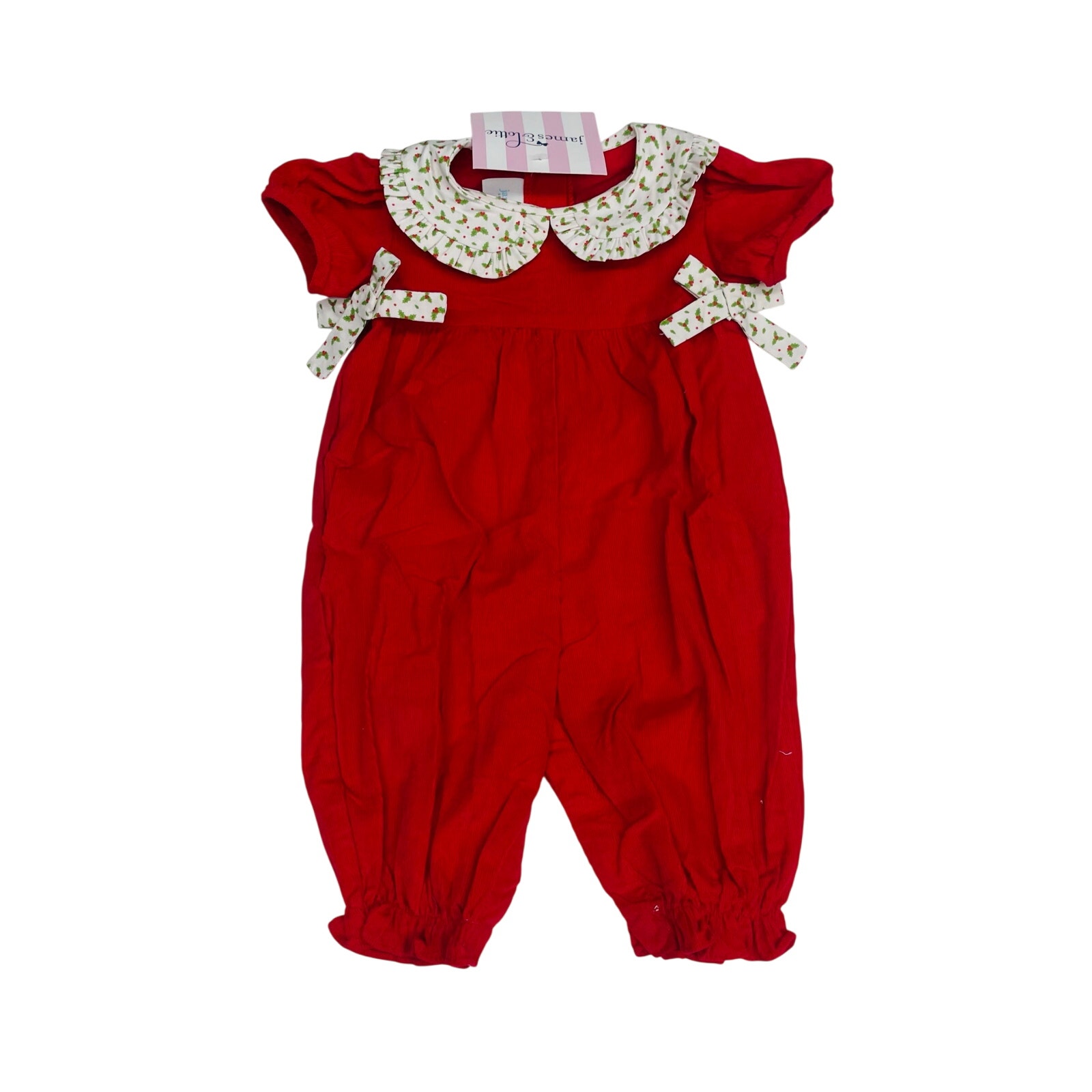 Nwt James & Lottie 6m Long Cece Romper In Red Cord With Holly Accents